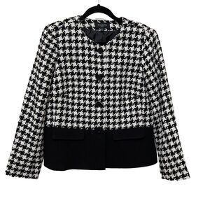 Talbots Women Blazer Black Ivory Houndstooth Lined Wool Blend Size 12P